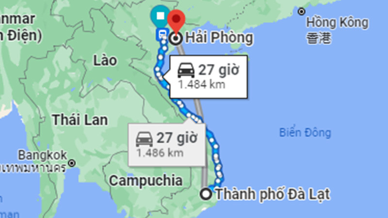 Bản đồ minh họa khoảng cách di chuyển từ Đà Lạt đến Hải Phòng bằng đường bộ