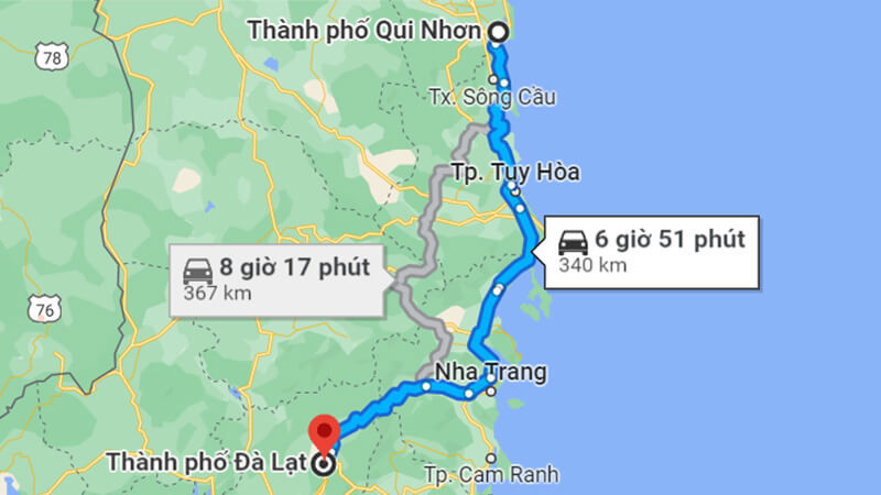 Bản đồ chỉ dẫn khoảng cách từ Quy Nhơn đến Đà Lạt